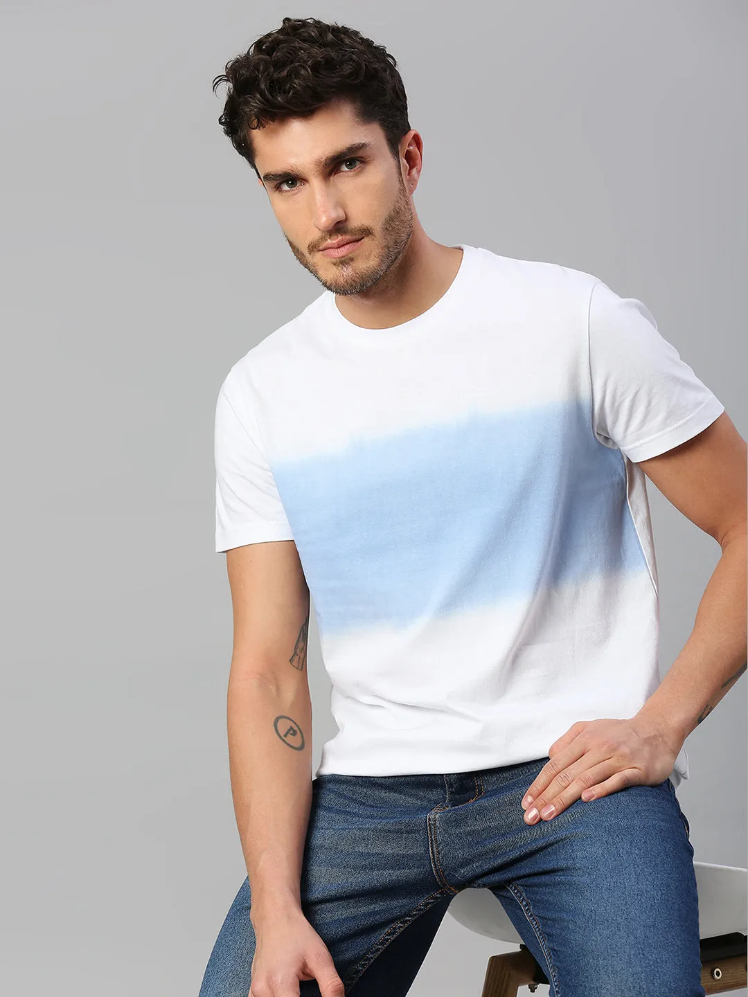 Men's Pure Cotton Tie & Dye Half Sleeves Casual T-Shirt (White)