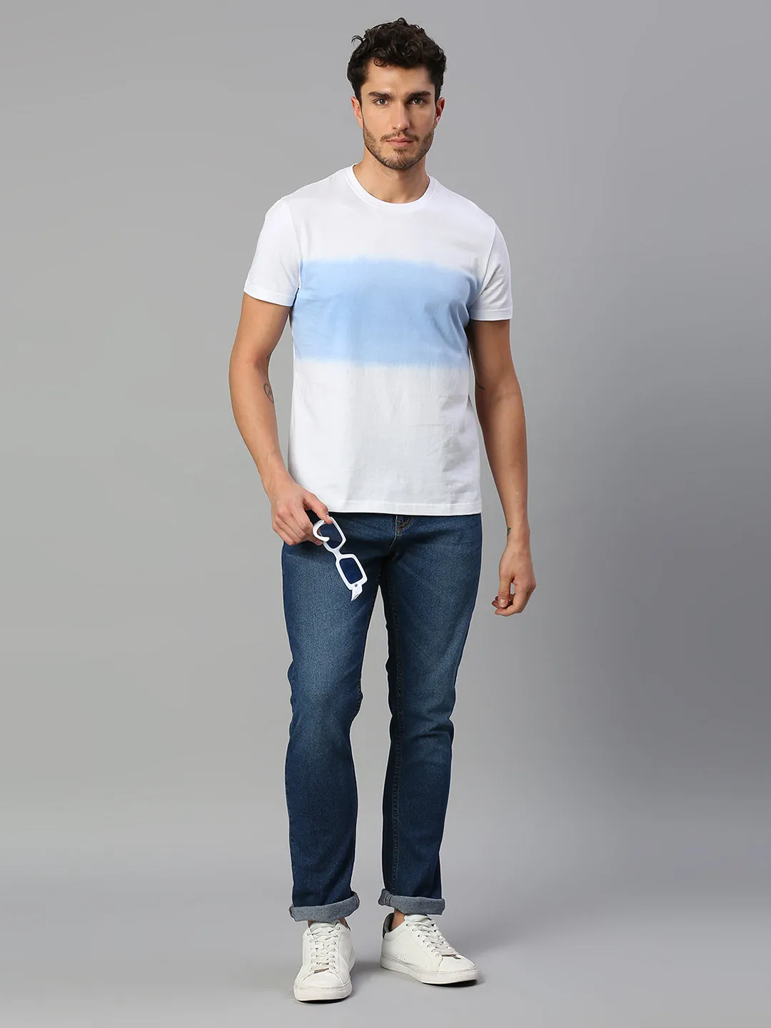 Men's Pure Cotton Tie & Dye Half Sleeves Casual T-Shirt (White)