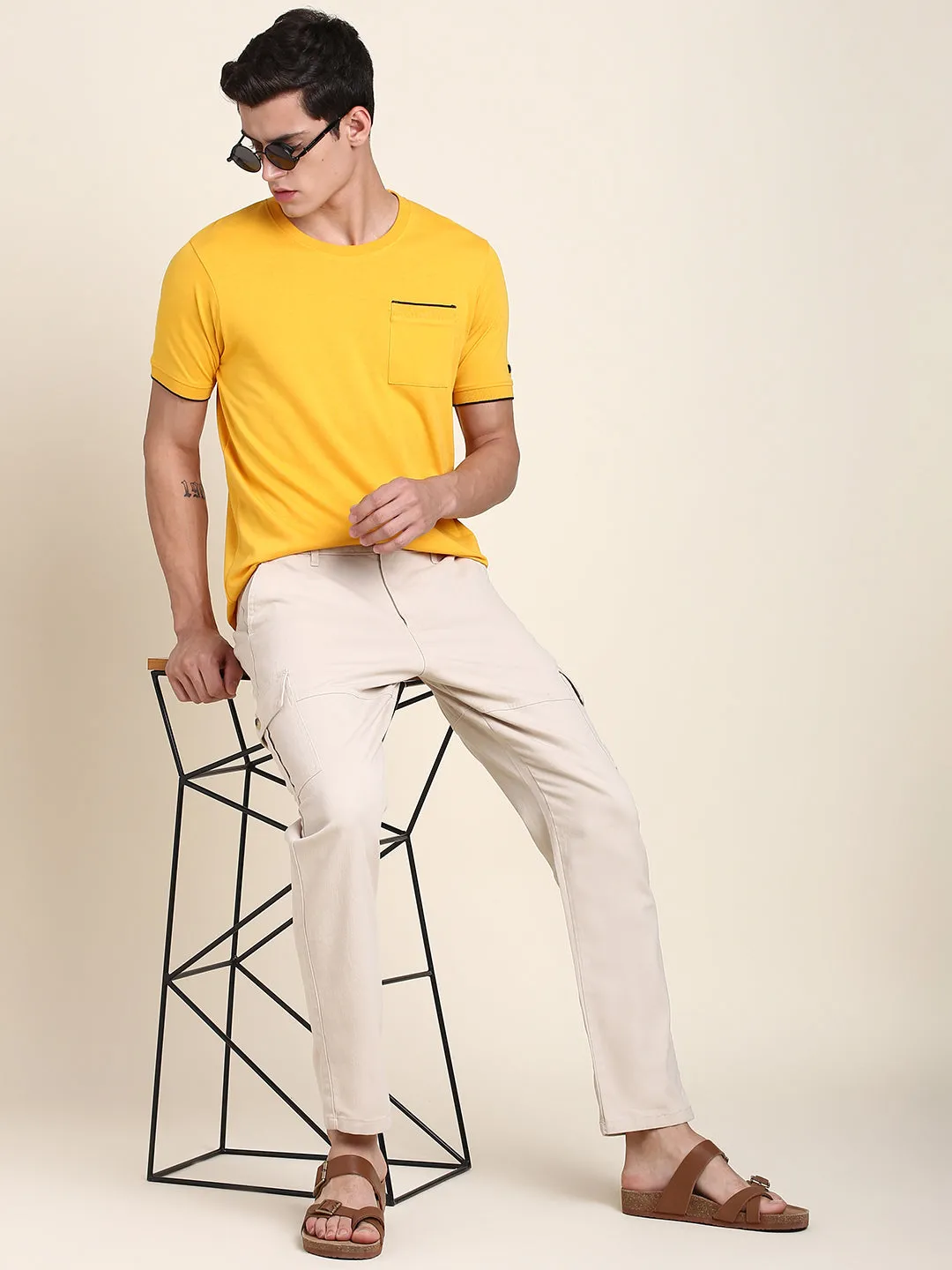 Men's Soft And Stretchy Fabric Mustard Casual Crew Neck Tshirt