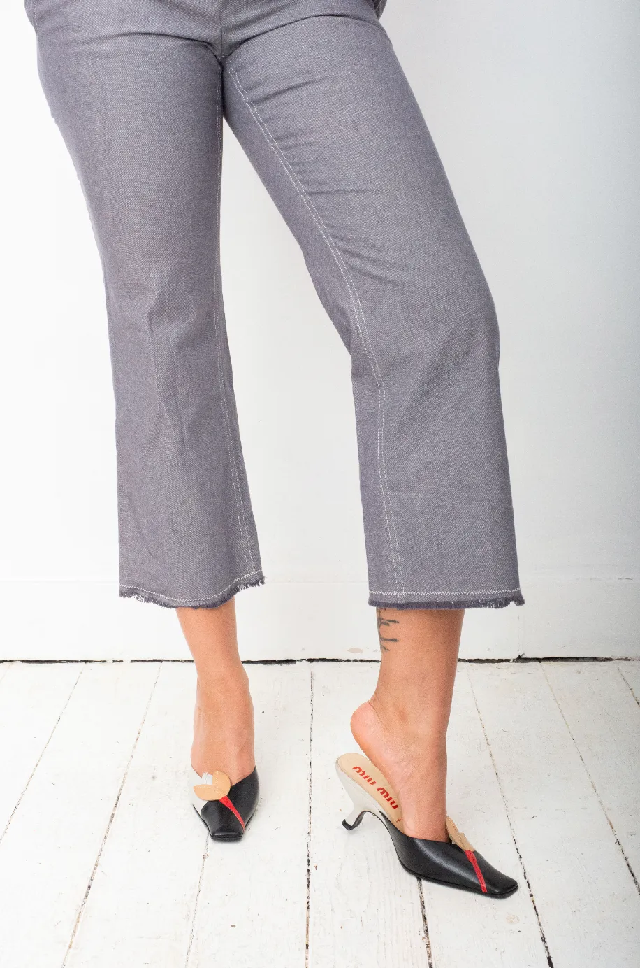 Miu Miu 2000's denim capri pants with raw hems & belt