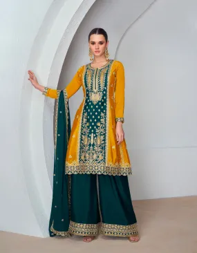 Mustard Yellow and Dark Green Embroidered Chinnon Silk Palazzo Suit