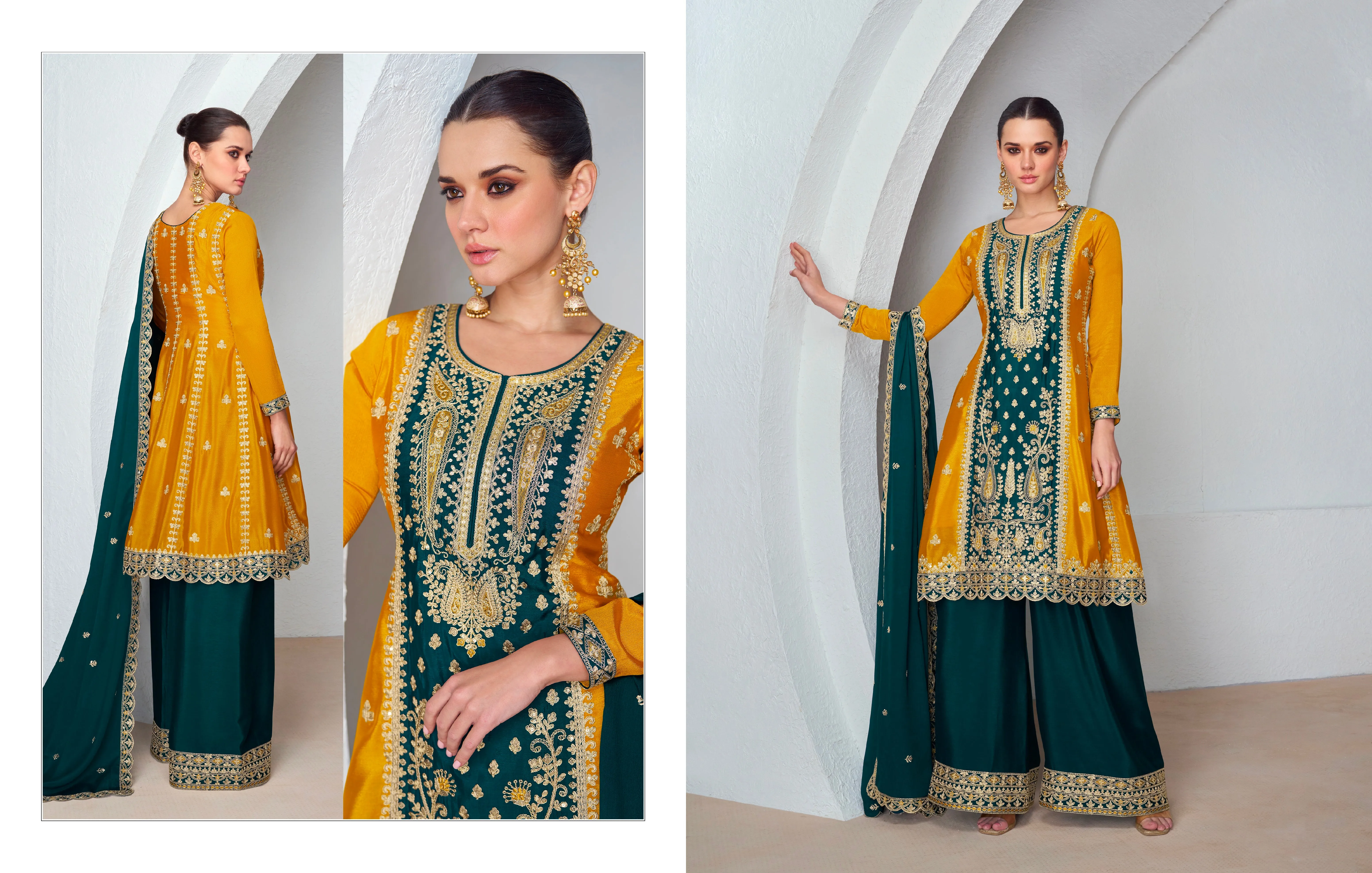 Mustard Yellow and Dark Green Embroidered Chinnon Silk Palazzo Suit