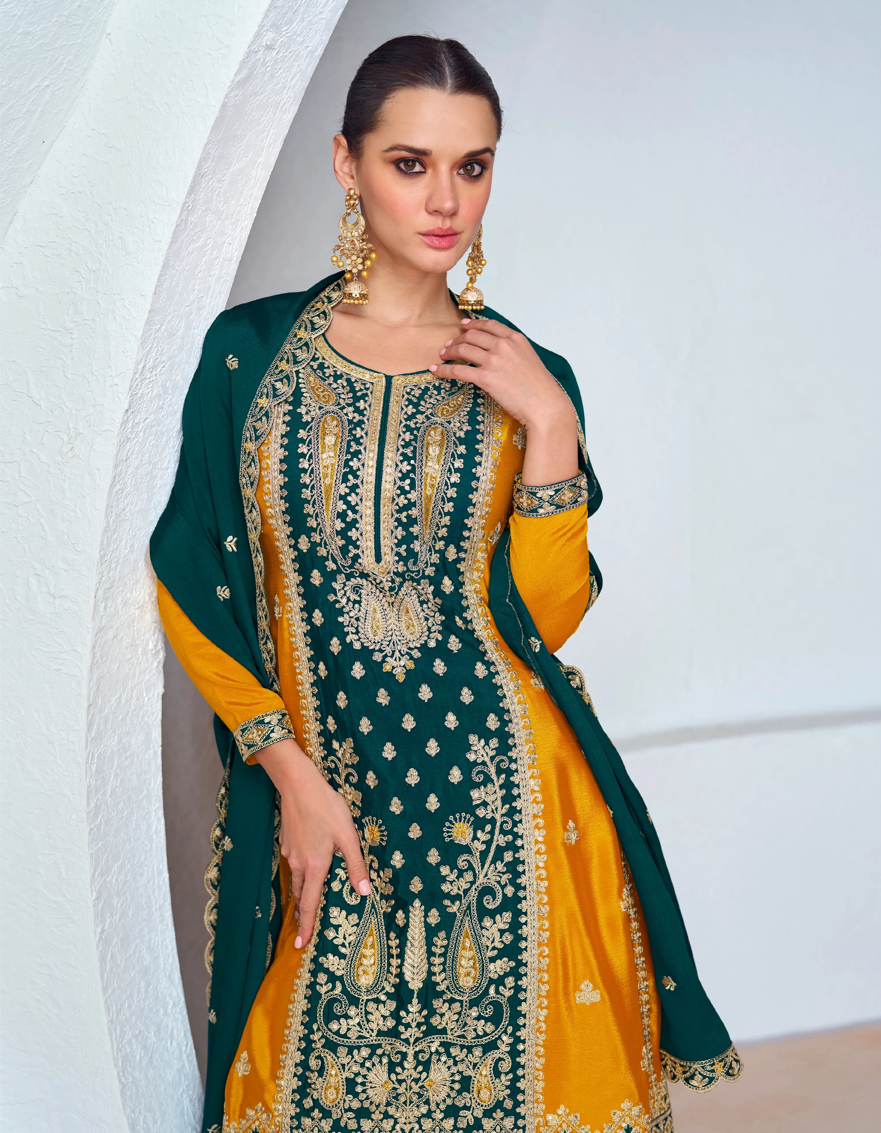Mustard Yellow and Dark Green Embroidered Chinnon Silk Palazzo Suit