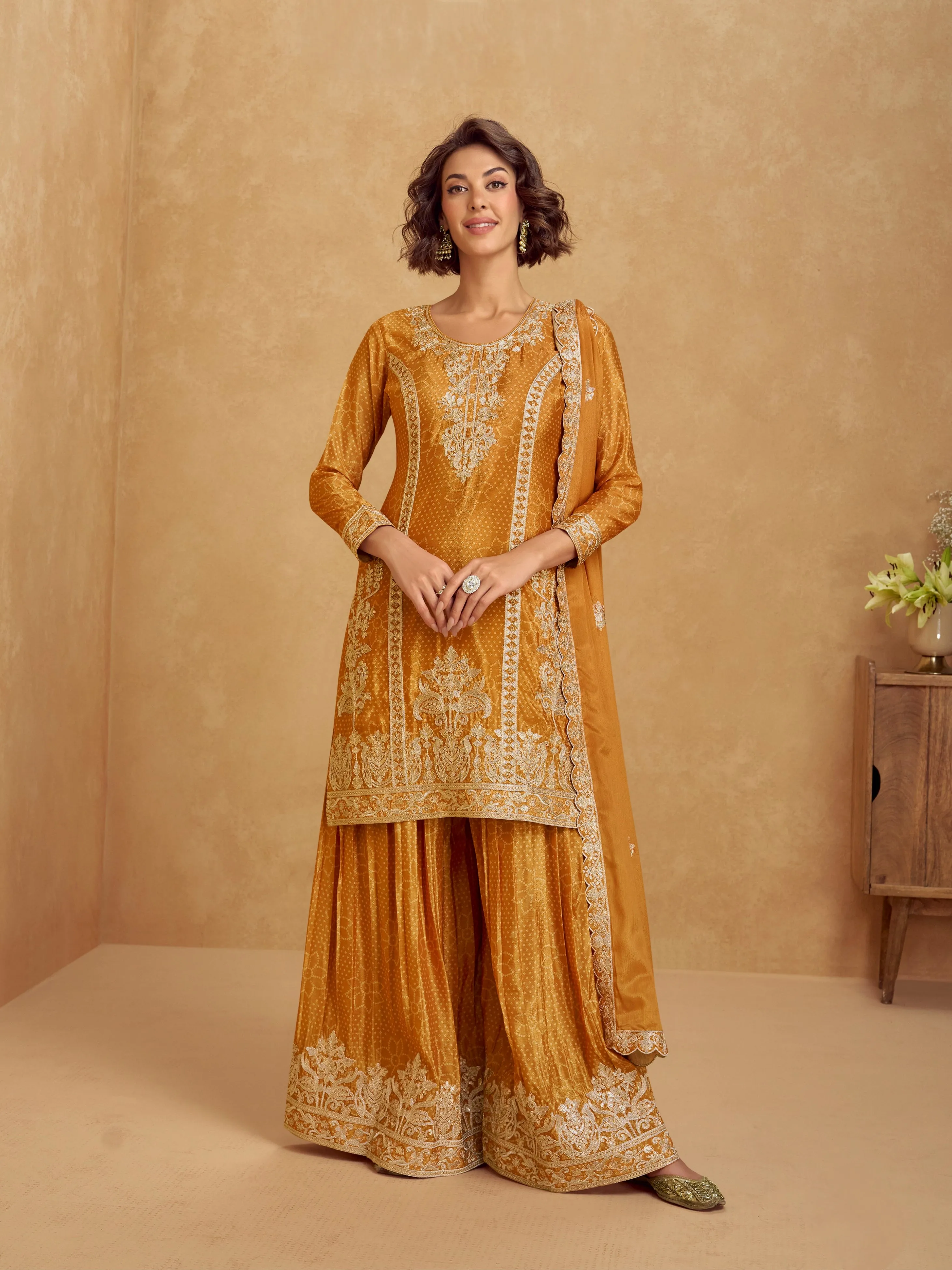 Mustard Yellow Chinnon Silk Embroidered Palazzo Suit