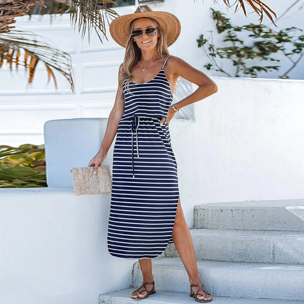 Navy Striped Drawstring Waist Scoop Neck Casual A-Line Maxi Sundress