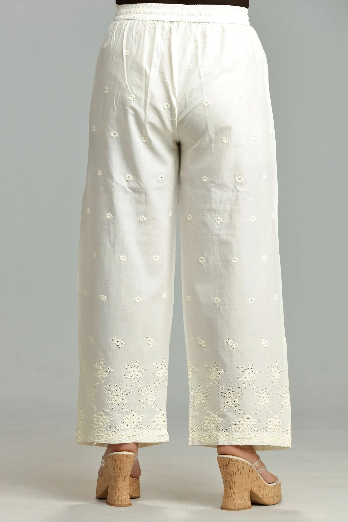 Off White Cotton Embroidered Palazzos