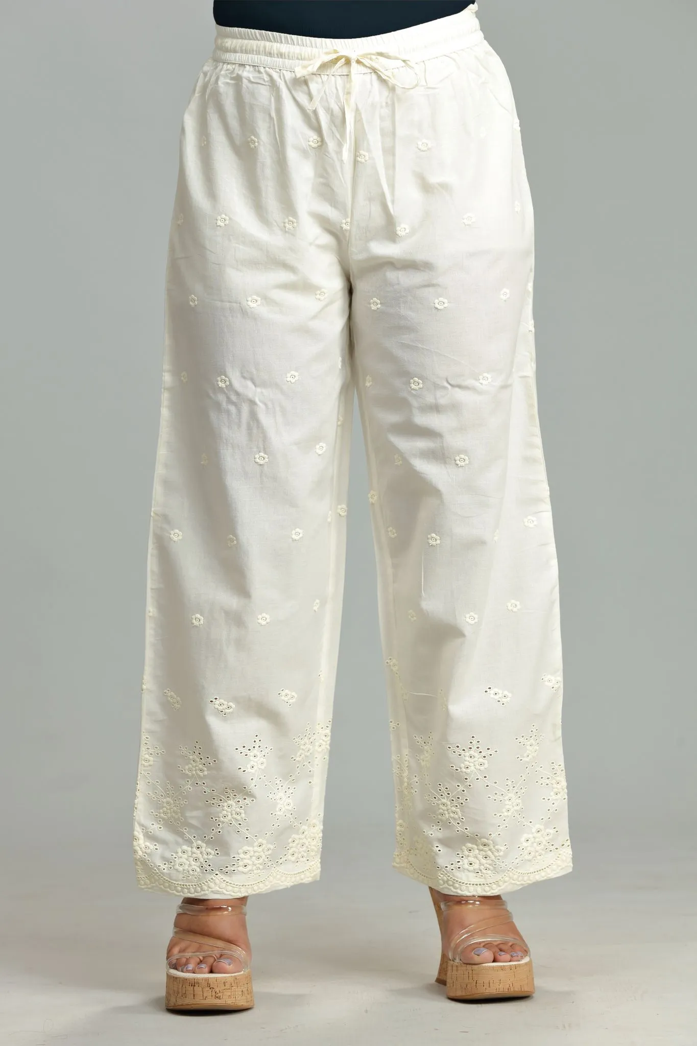 Off White Cotton Embroidered Palazzos