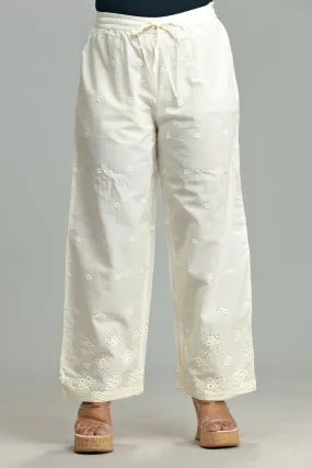 Off White Cotton Embroidered Palazzos