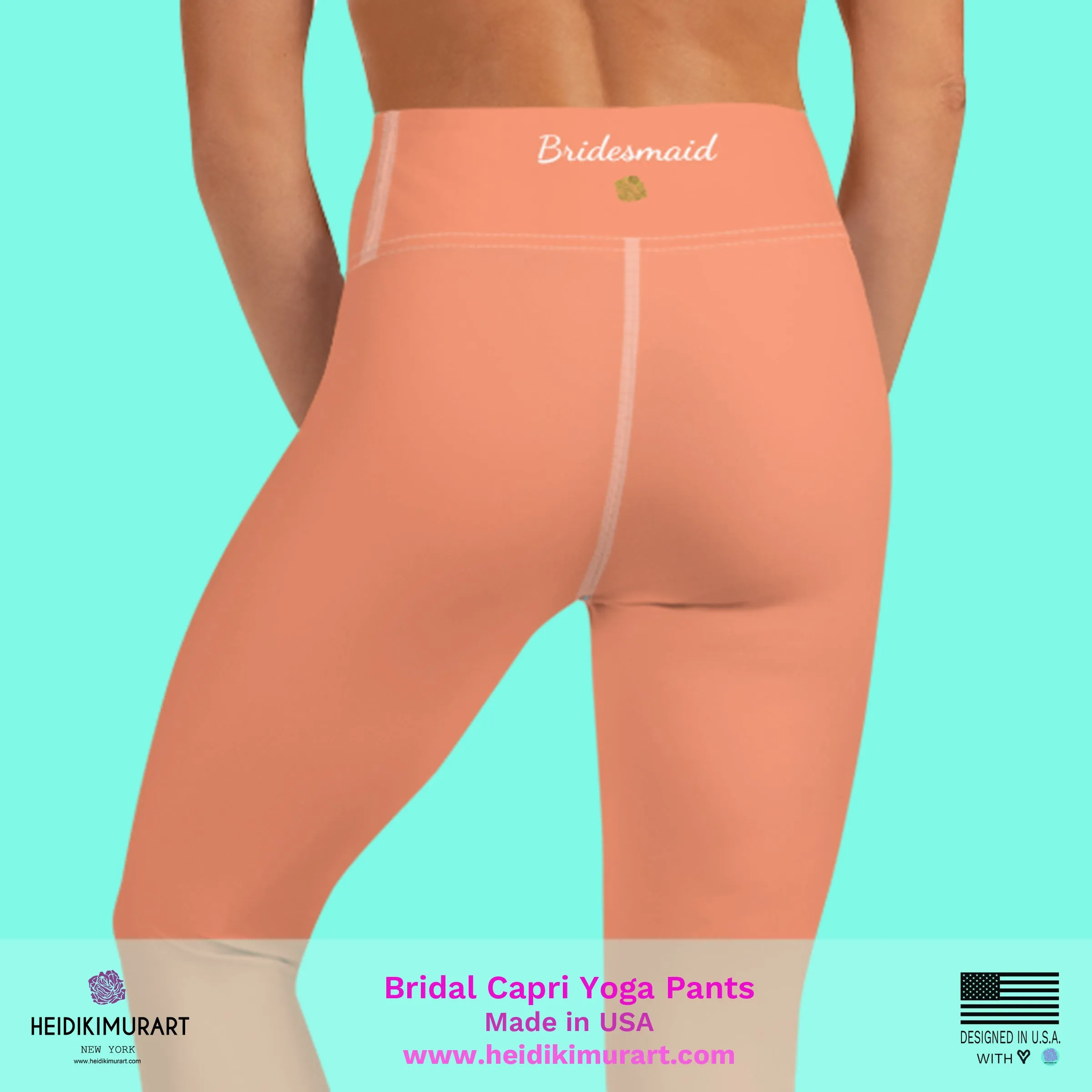 Peach Pink Bridesmaid Tights, Bridal Text Designer Women's Yoga Capri Leggings- Made in USA