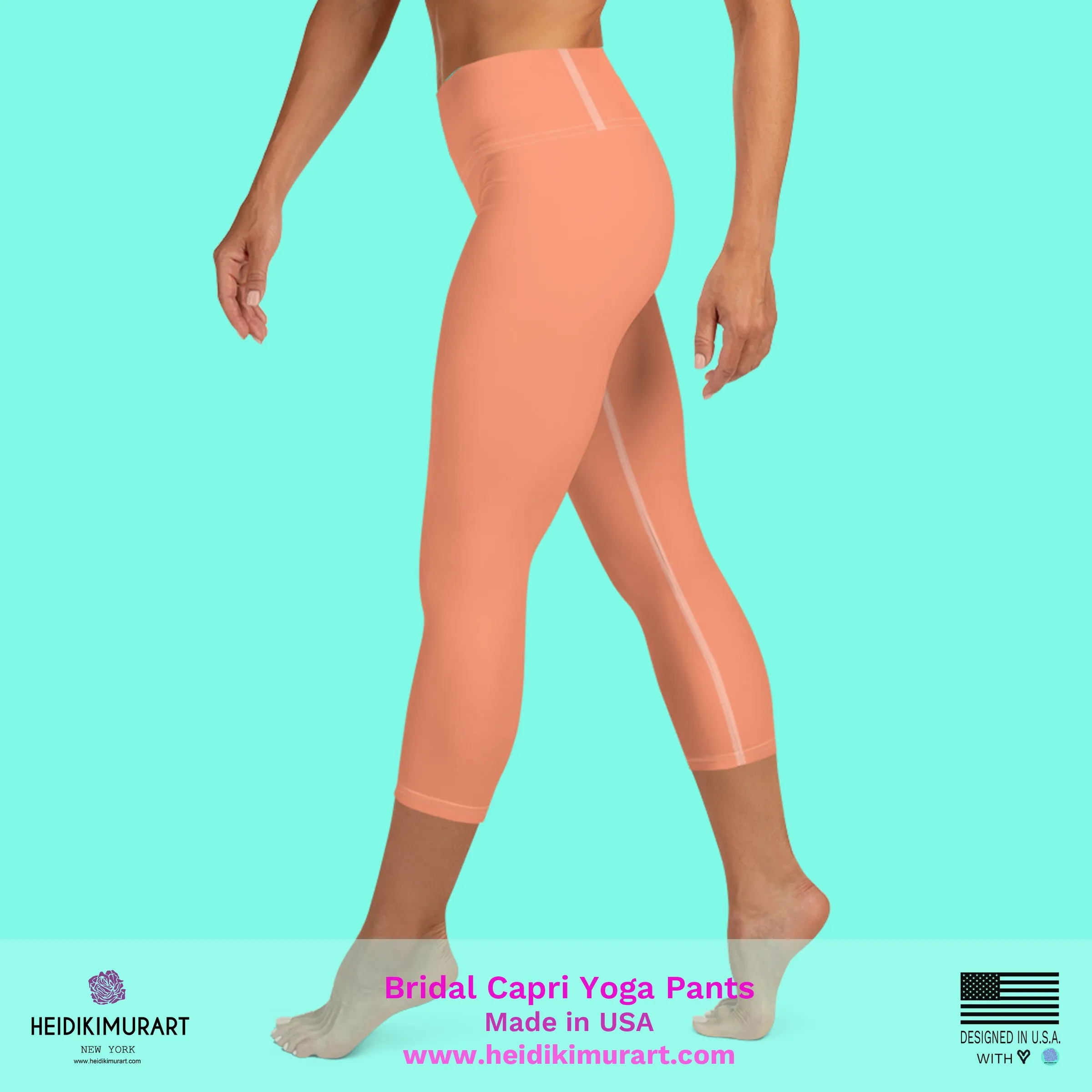 Peach Pink Bridesmaid Tights, Bridal Text Designer Women's Yoga Capri Leggings- Made in USA