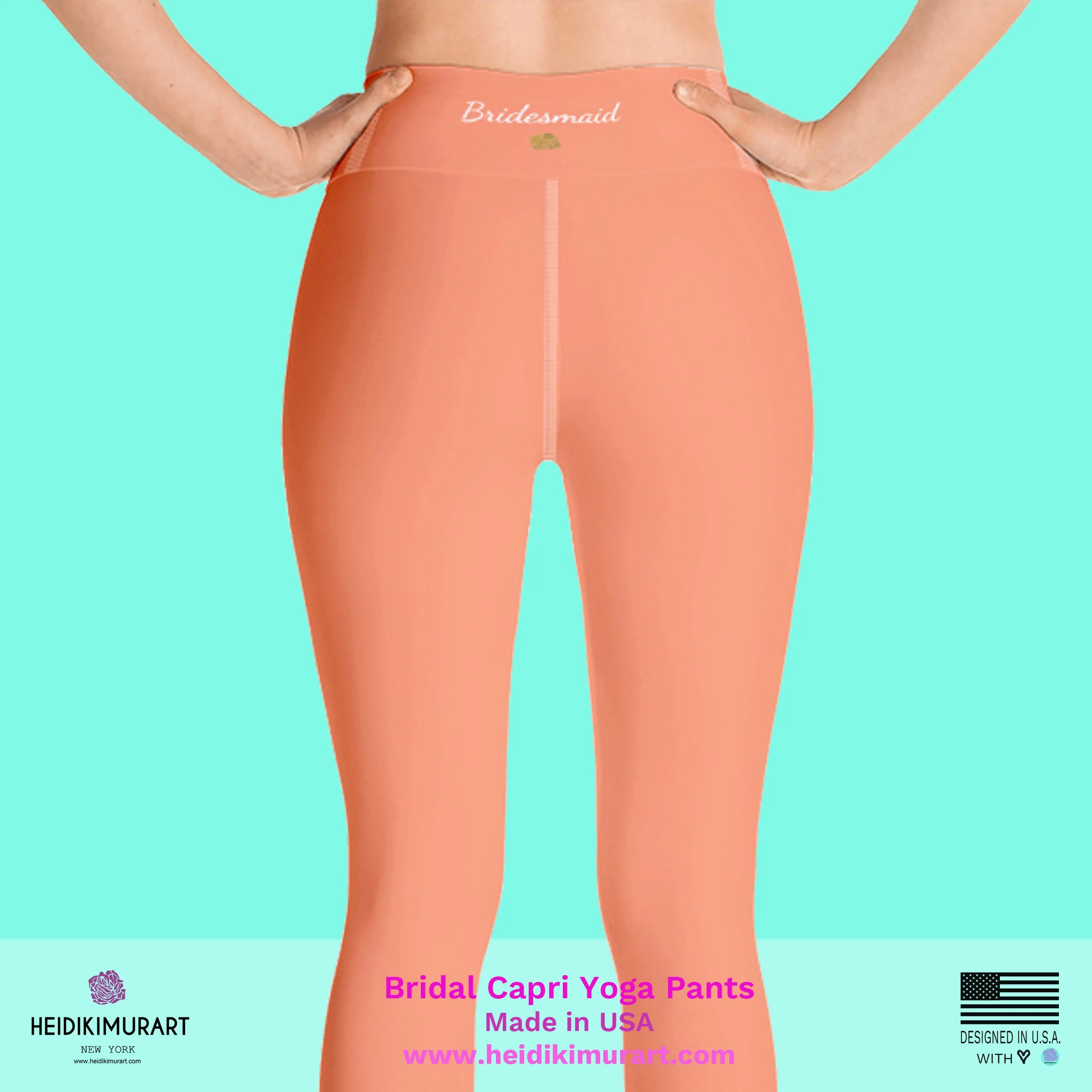 Peach Pink Bridesmaid Tights, Bridal Text Designer Women's Yoga Capri Leggings- Made in USA