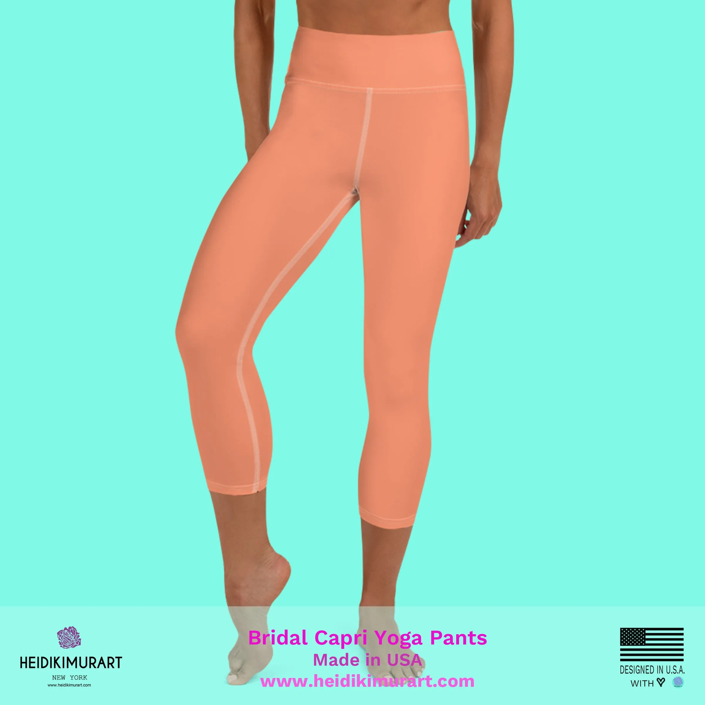 Peach Pink Bridesmaid Tights, Bridal Text Designer Women's Yoga Capri Leggings- Made in USA