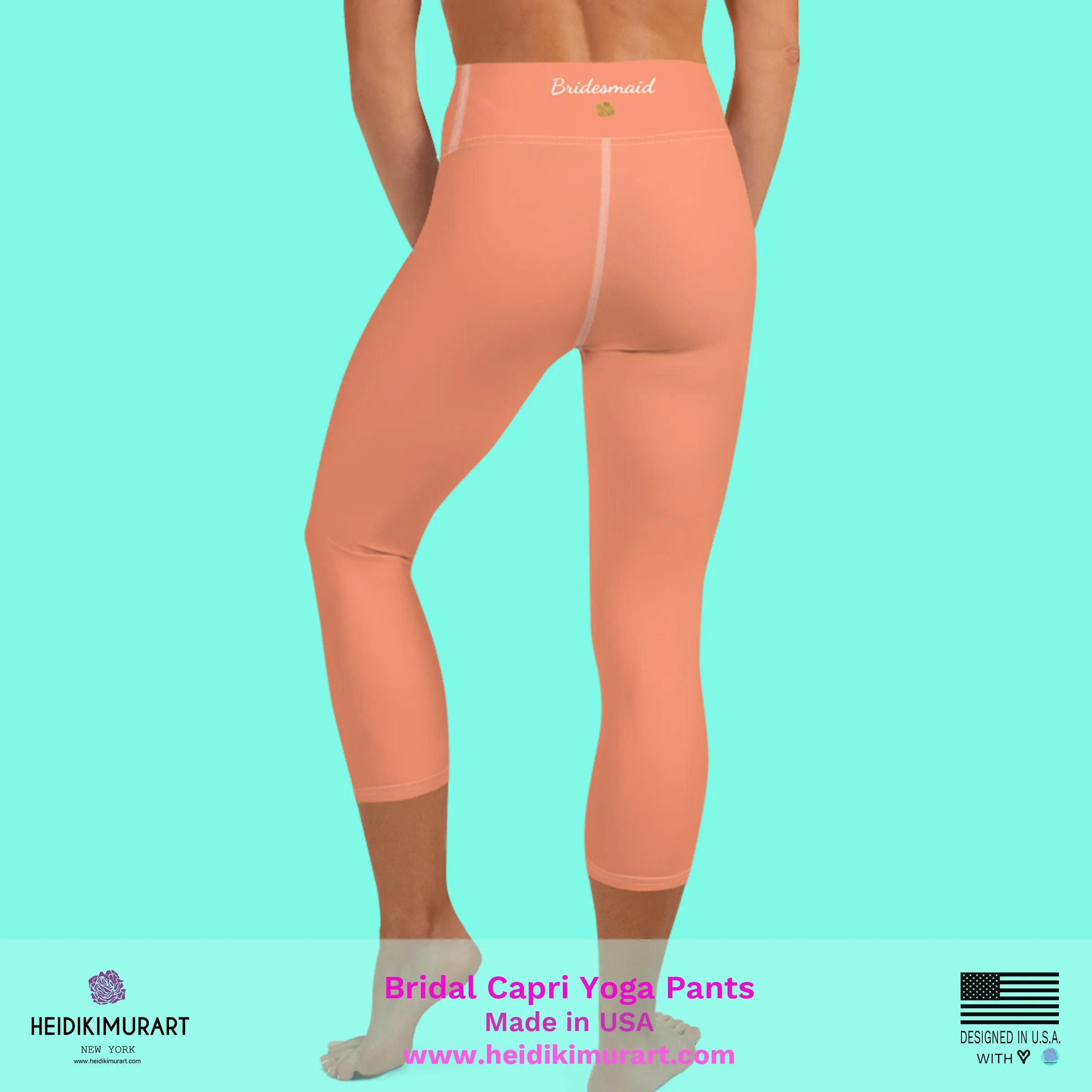 Peach Pink Bridesmaid Tights, Bridal Text Designer Women's Yoga Capri Leggings- Made in USA