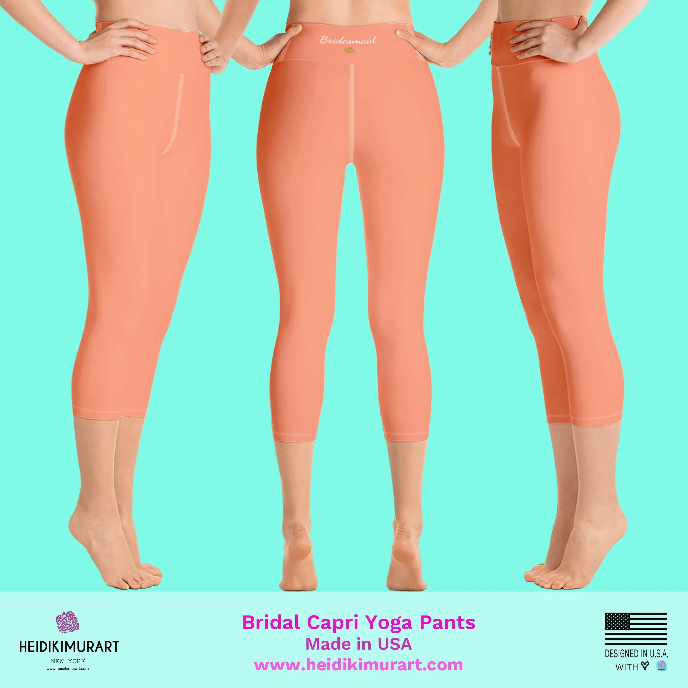Peach Pink Bridesmaid Tights, Bridal Text Designer Women's Yoga Capri Leggings- Made in USA