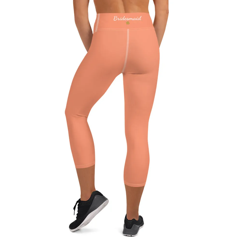 Peach Pink Bridesmaid Tights, Bridal Text Designer Women's Yoga Capri Leggings- Made in USA