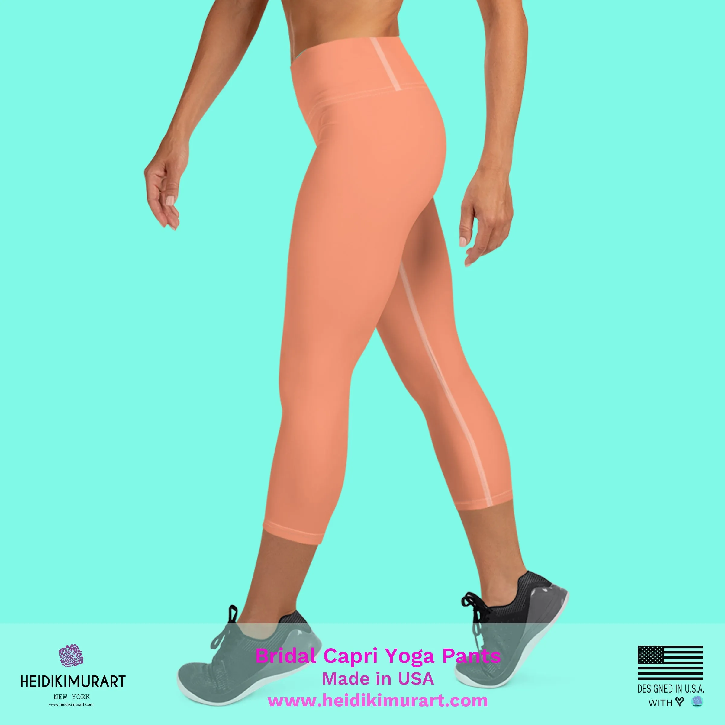 Peach Pink Bridesmaid Tights, Bridal Text Designer Women's Yoga Capri Leggings- Made in USA