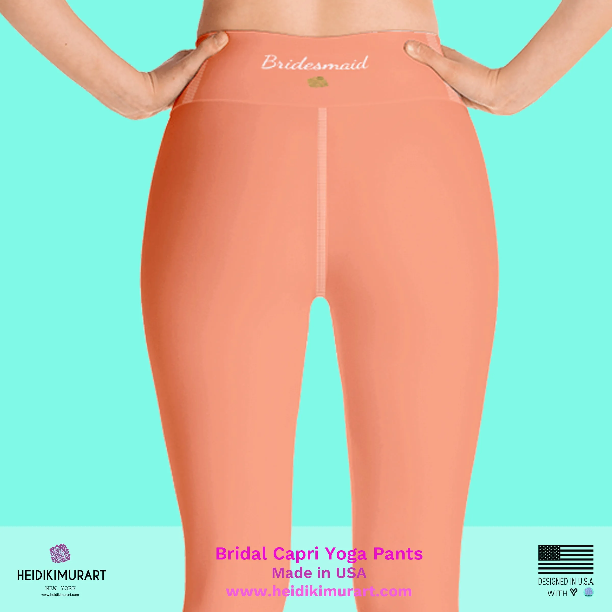Peach Pink Bridesmaid Tights, Bridal Text Designer Women's Yoga Capri Leggings- Made in USA