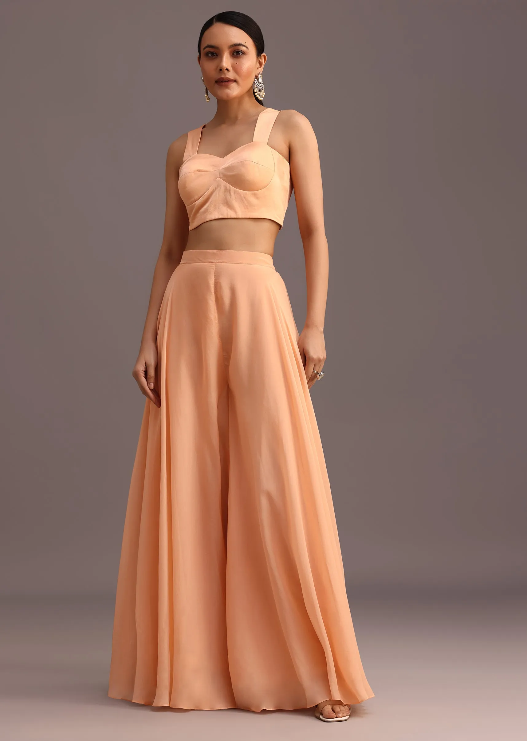 Peach Resham Work Jacket And Croptop Palazzo Set