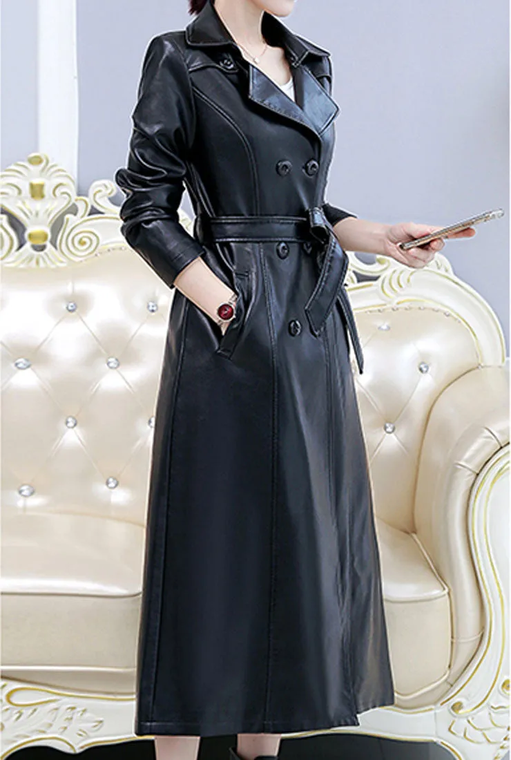 Plus Size Double-breasted Leather Trench Coat