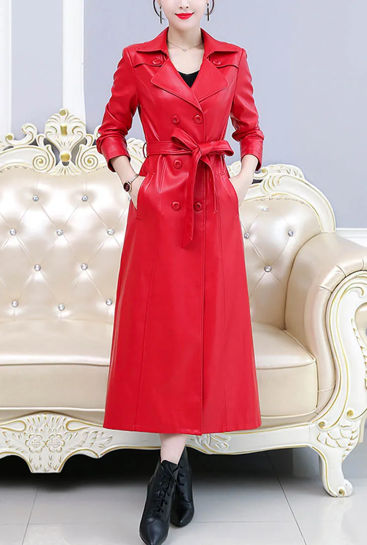 Plus Size Double-breasted Leather Trench Coat