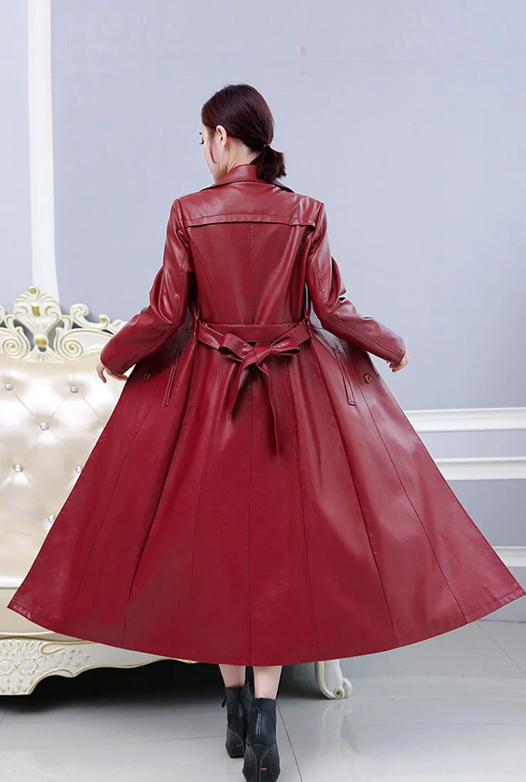 Plus Size Double-breasted Leather Trench Coat