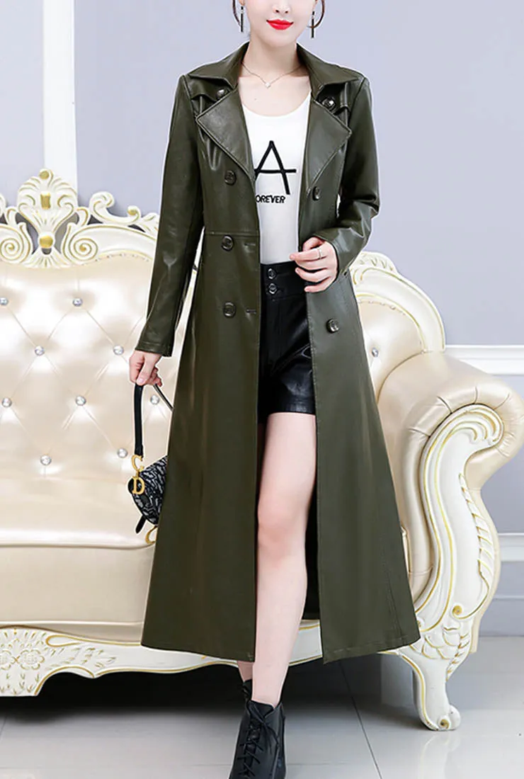 Plus Size Double-breasted Leather Trench Coat