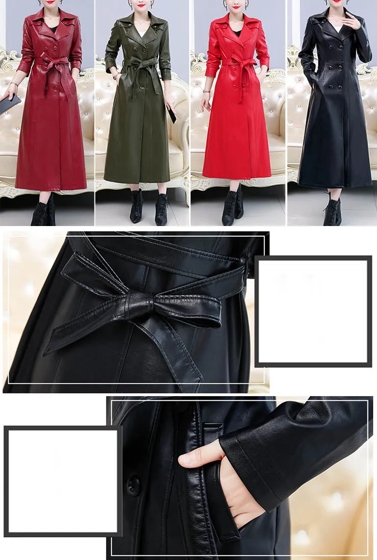 Plus Size Double-breasted Leather Trench Coat