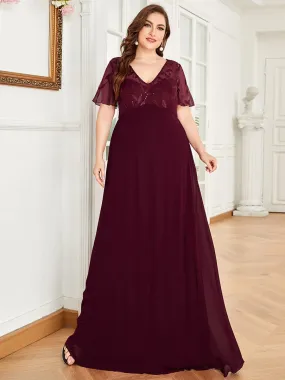 Plus Size Floral Sequin Print Evening Party Dresses with Cap Sleeve