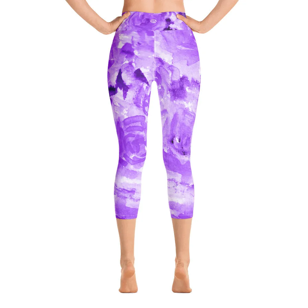 Purple Rose Women's Capris Tights, Best Floral Print Women's Yoga Capri Pants Leggings w/ Pockets Plus Size Available