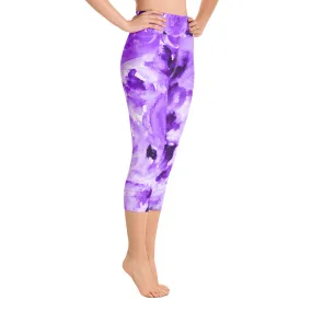 Purple Rose Women's Capris Tights, Best Floral Print Women's Yoga Capri Pants Leggings w/ Pockets Plus Size Available