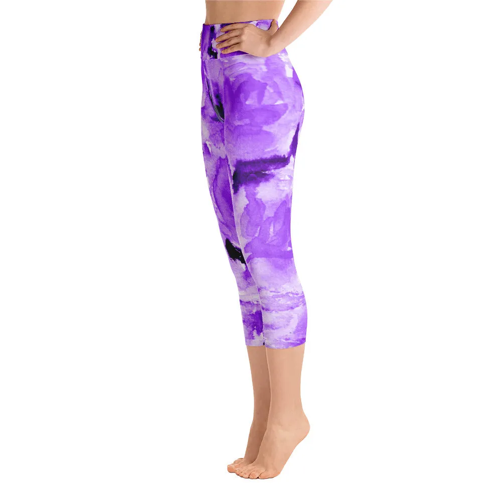 Purple Rose Women's Capris Tights, Best Floral Print Women's Yoga Capri Pants Leggings w/ Pockets Plus Size Available