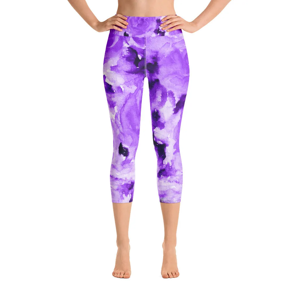 Purple Rose Women's Capris Tights, Best Floral Print Women's Yoga Capri Pants Leggings w/ Pockets Plus Size Available