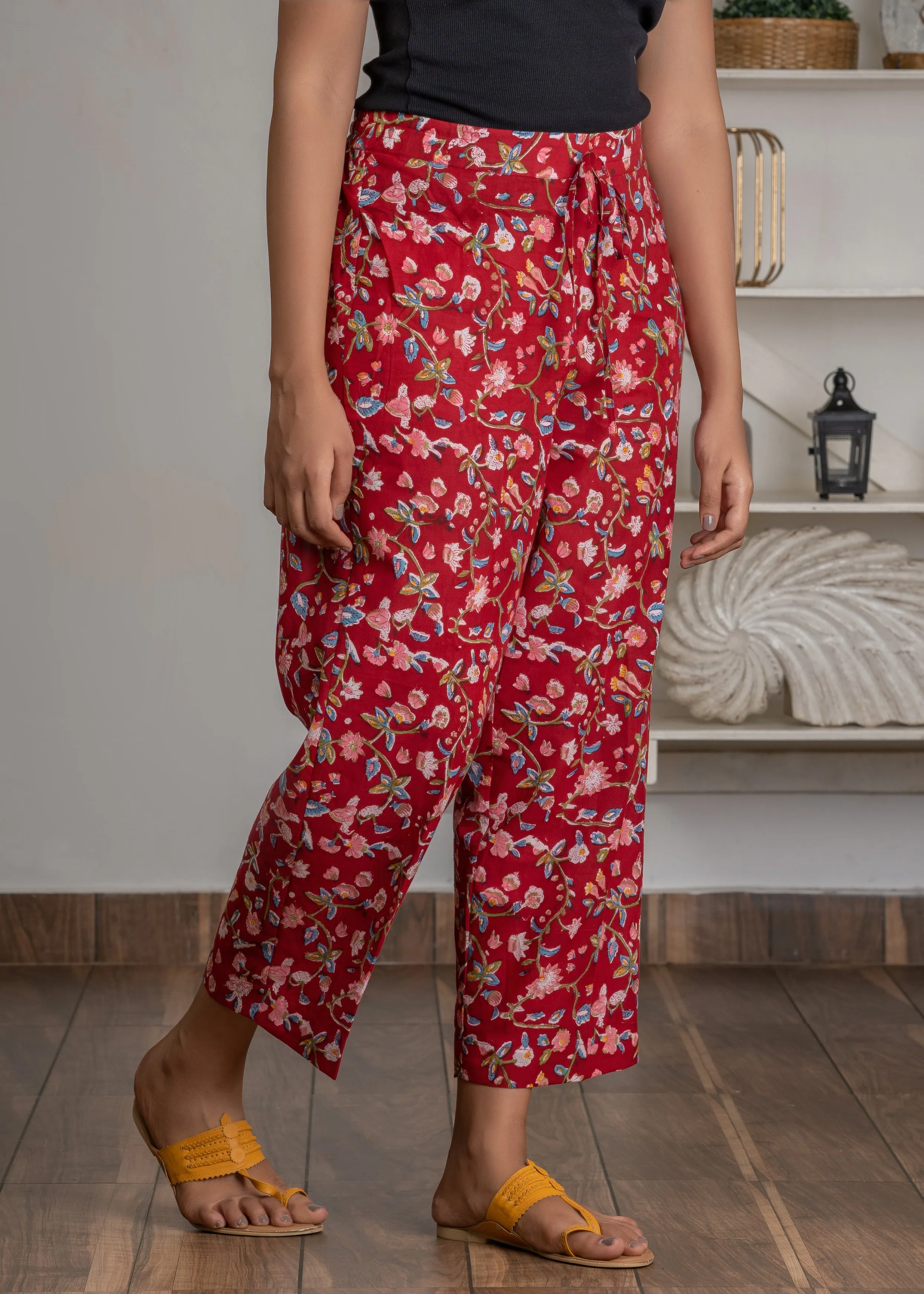 Red floral Hand-blocked Parallel Bottom