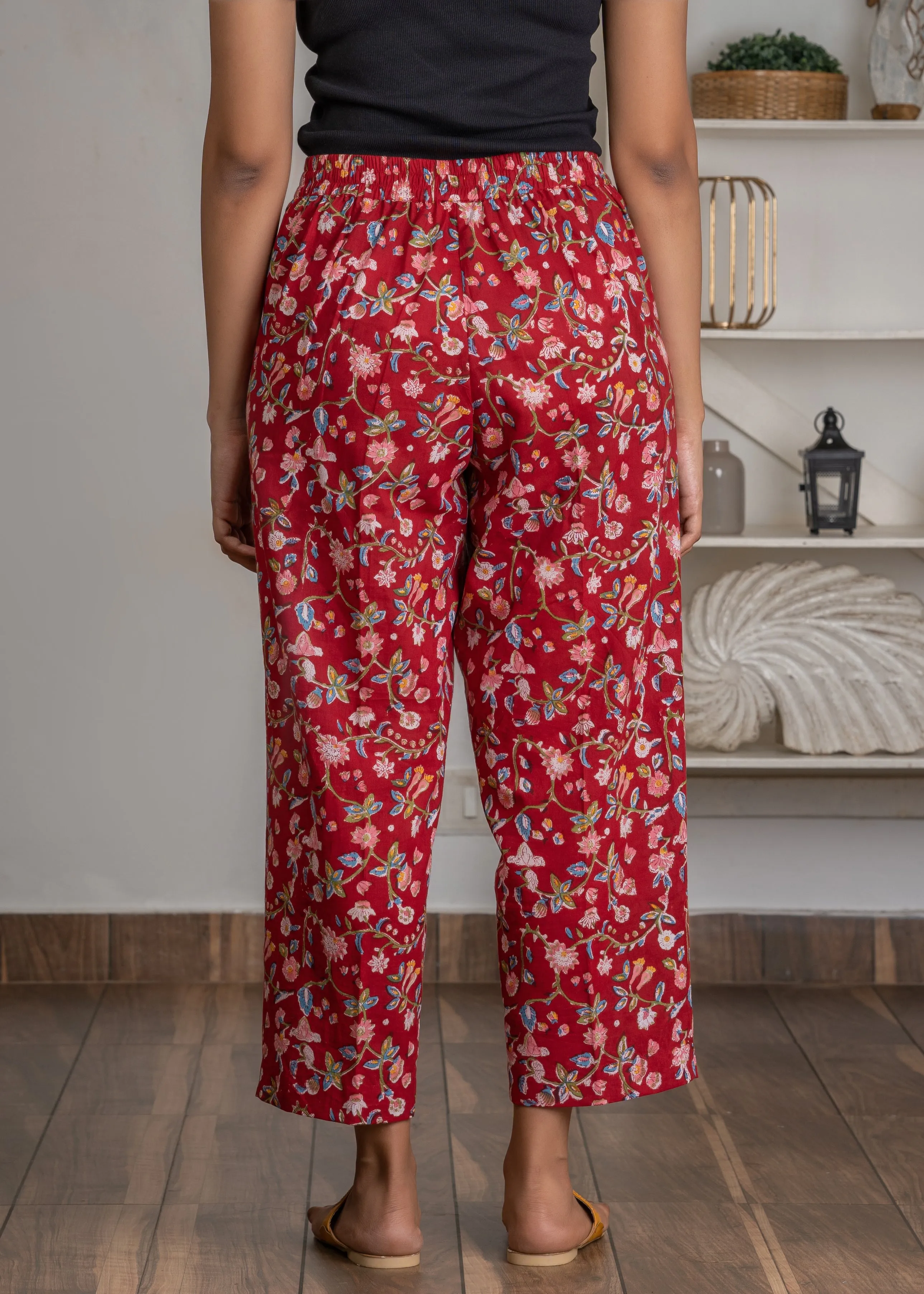 Red floral Hand-blocked Parallel Bottom