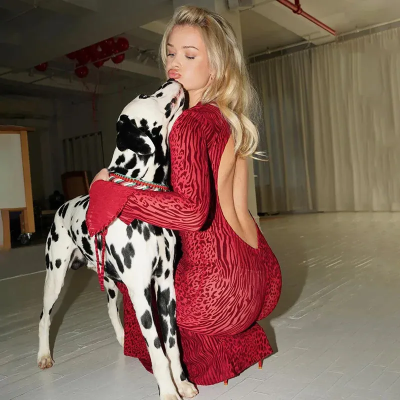 Red Leopard Sexy Mesh See Through Slim Flare Sleeve Party Maxi Dress