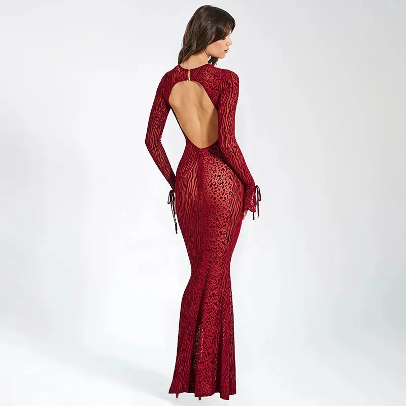 Red Leopard Sexy Mesh See Through Slim Flare Sleeve Party Maxi Dress