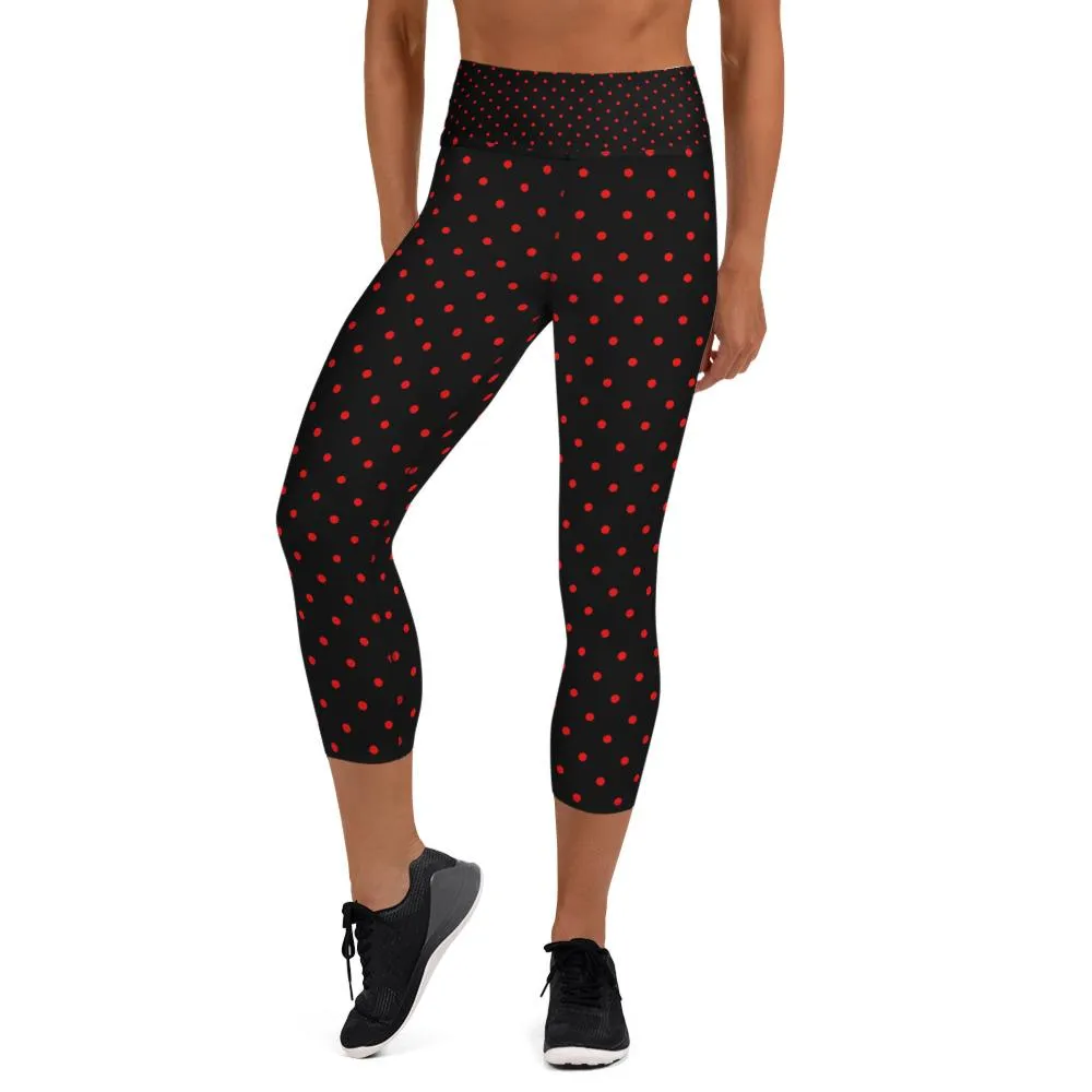Red Polka Dots Women's Capri Leggings, Black Dots Print Capris Pants- Made in USA/EU