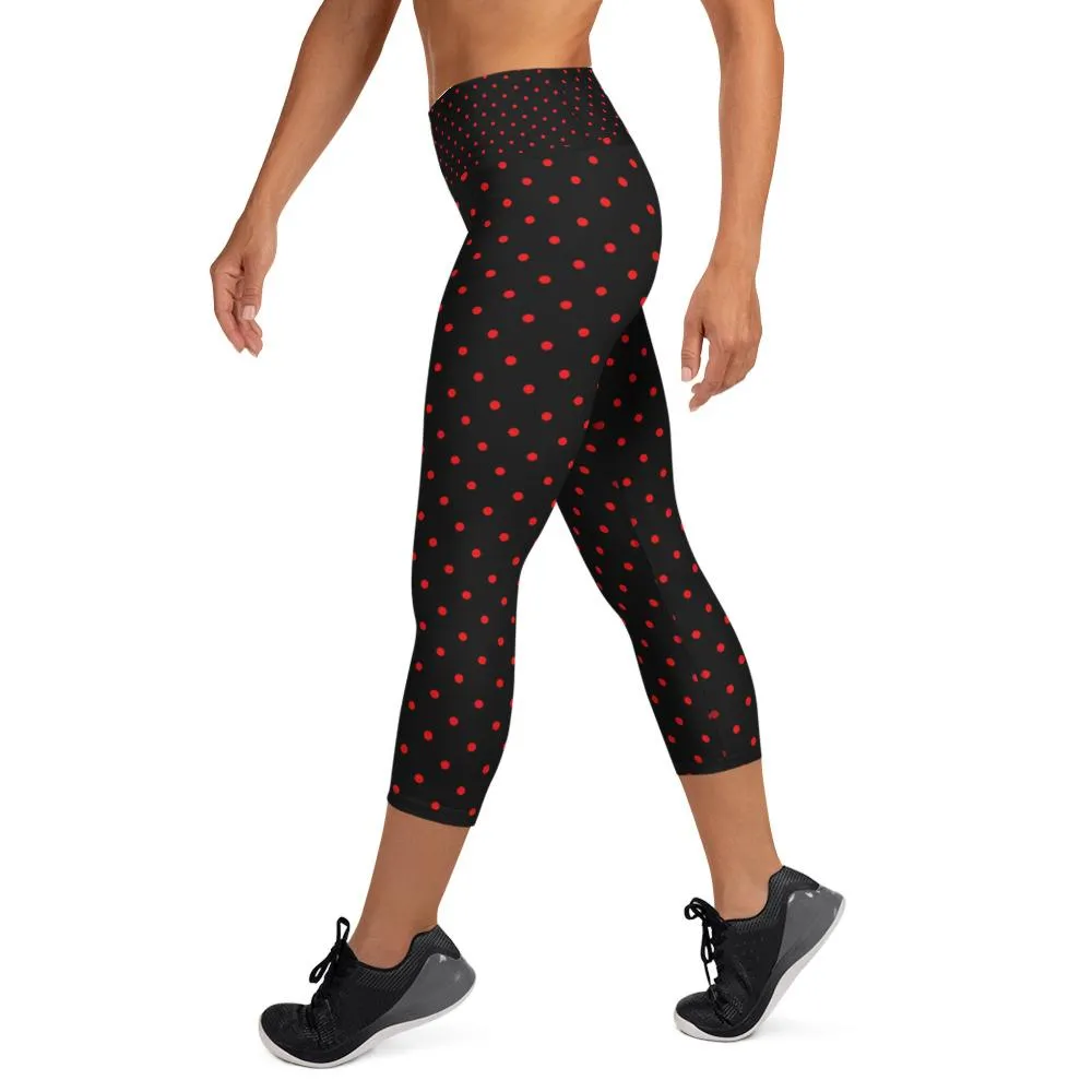 Red Polka Dots Women's Capri Leggings, Black Dots Print Capris Pants- Made in USA/EU