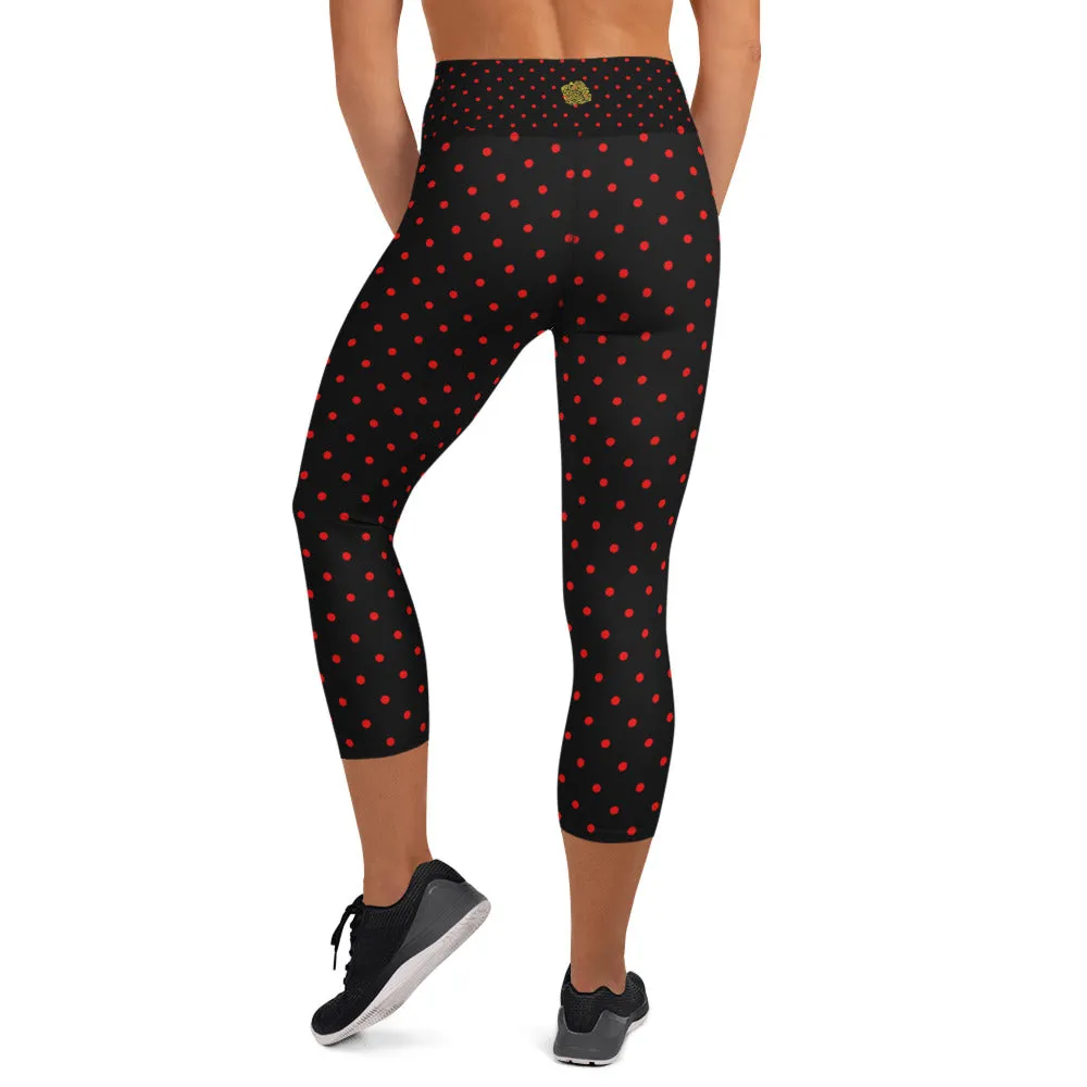 Red Polka Dots Women's Capri Leggings, Black Dots Print Capris Pants- Made in USA/EU