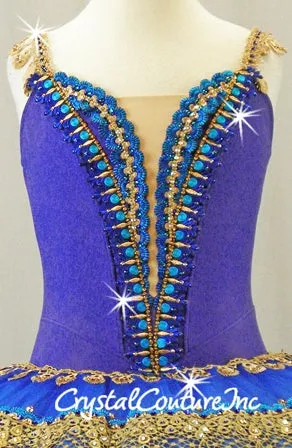Royal Blue, Teal Blue & White Platter Tutu with Gold Accents - Swarovski Rhinestones