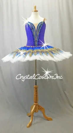 Royal Blue, Teal Blue & White Platter Tutu with Gold Accents - Swarovski Rhinestones