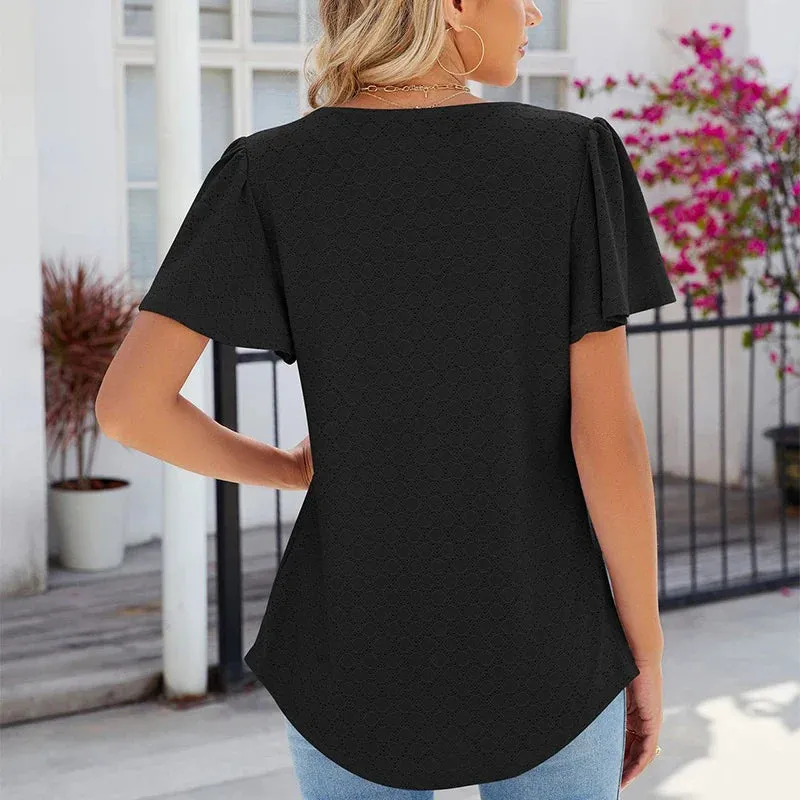 Square Pleated Short Sleeve Women's Casual Summer Street Outfit Blouse