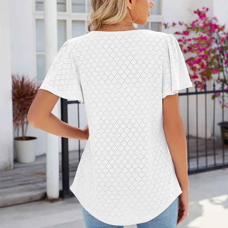 Square Pleated Short Sleeve Women's Casual Summer Street Outfit Blouse