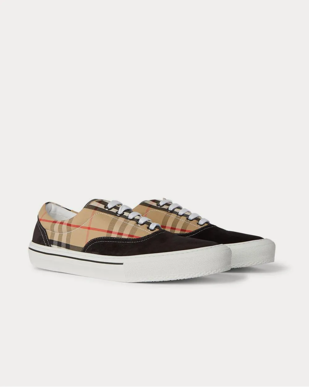 Suede and Checked-Cotton  Beige low top sneakers