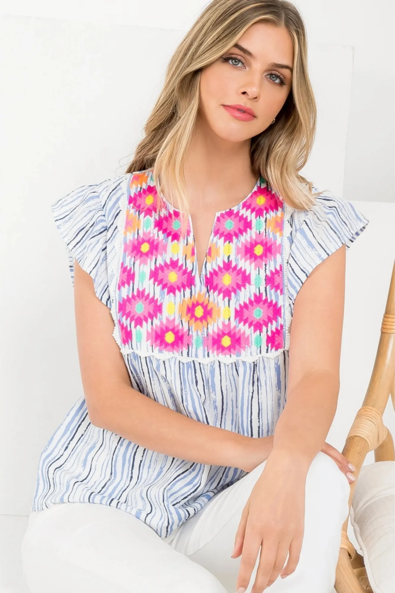 THML Embroidered Stripe Flutter Sleeve Top