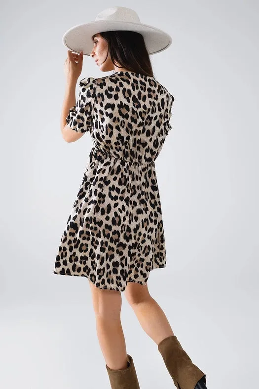 Tie-String Mini Dress with Puff Sleeves in Leopard Print