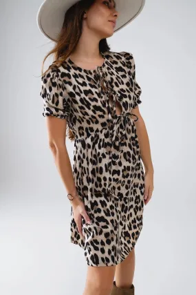 Tie-String Mini Dress with Puff Sleeves in Leopard Print