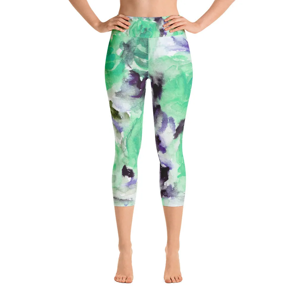 Turquoise Blue Rose Leggings, Floral Print Yoga Capri Designer Dressy Pants - Made in USA