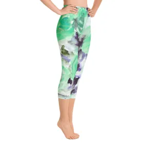 Turquoise Blue Rose Leggings, Floral Print Yoga Capri Designer Dressy Pants - Made in USA