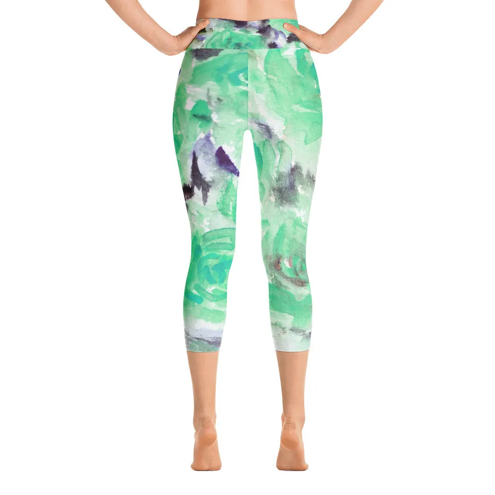 Turquoise Blue Rose Leggings, Floral Print Yoga Capri Designer Dressy Pants - Made in USA
